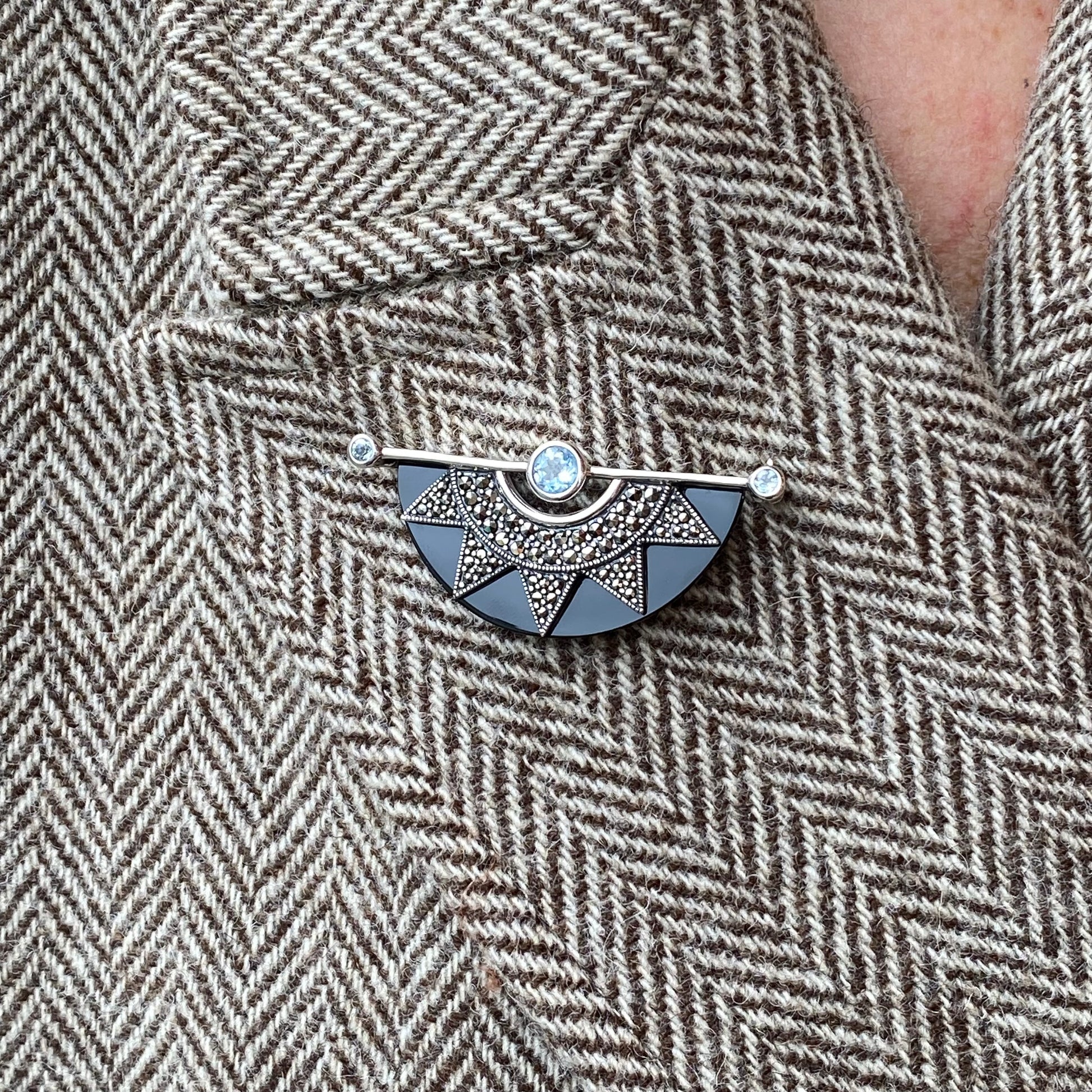 Silver Blue Topaz, Marcasite & Onyx Deco Fan Brooch - John Ross Jewellers