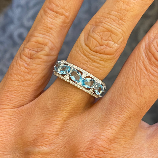 Silver Aqua CZ Band Ring