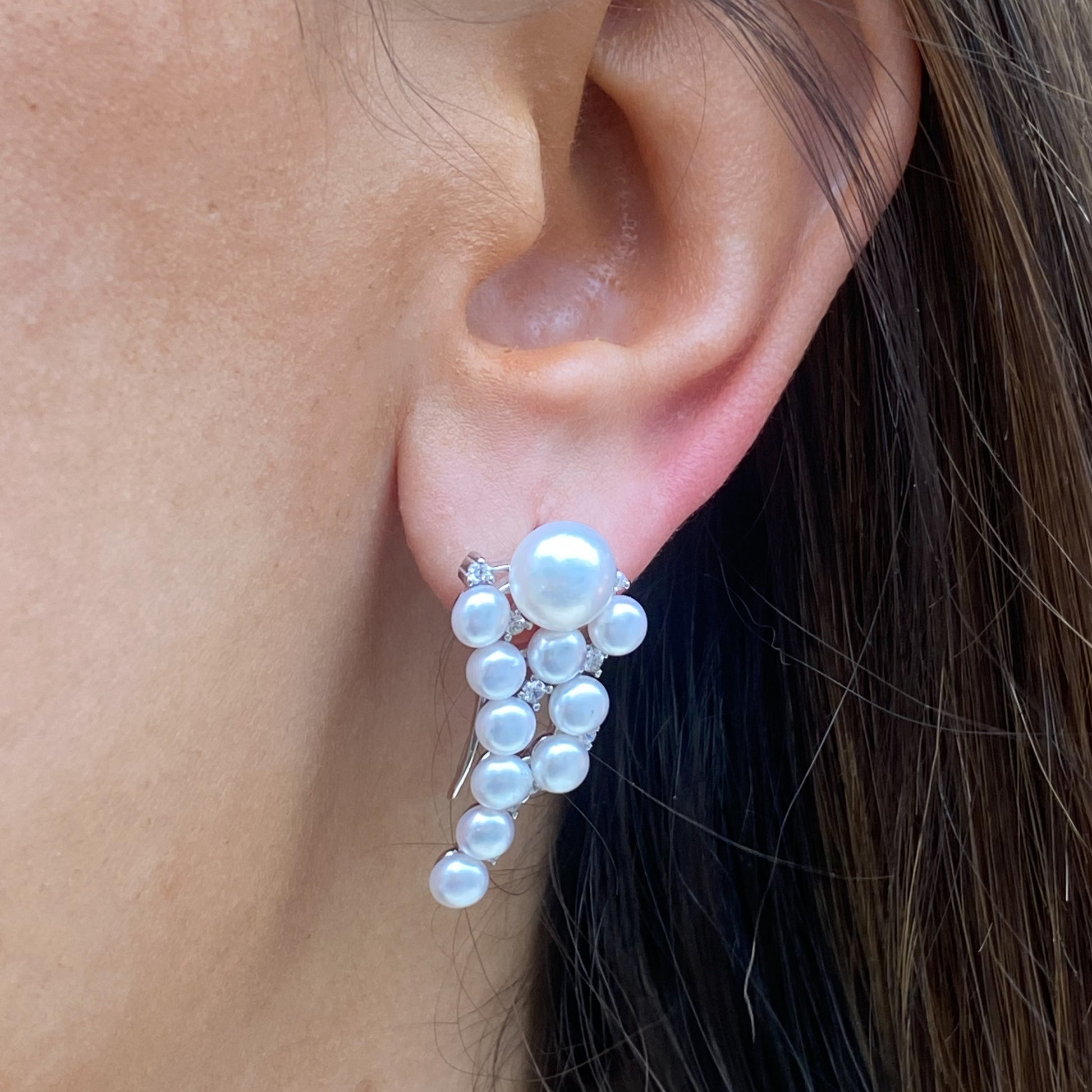Silver Freshwater Pearl & CZ Climber Earrings - John Ross Jewellers