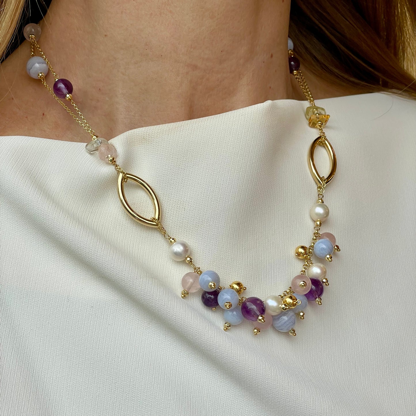 Baroque Necklace | Evia | Pearl, Amethyst & Chalcedony - John Ross Jewellers