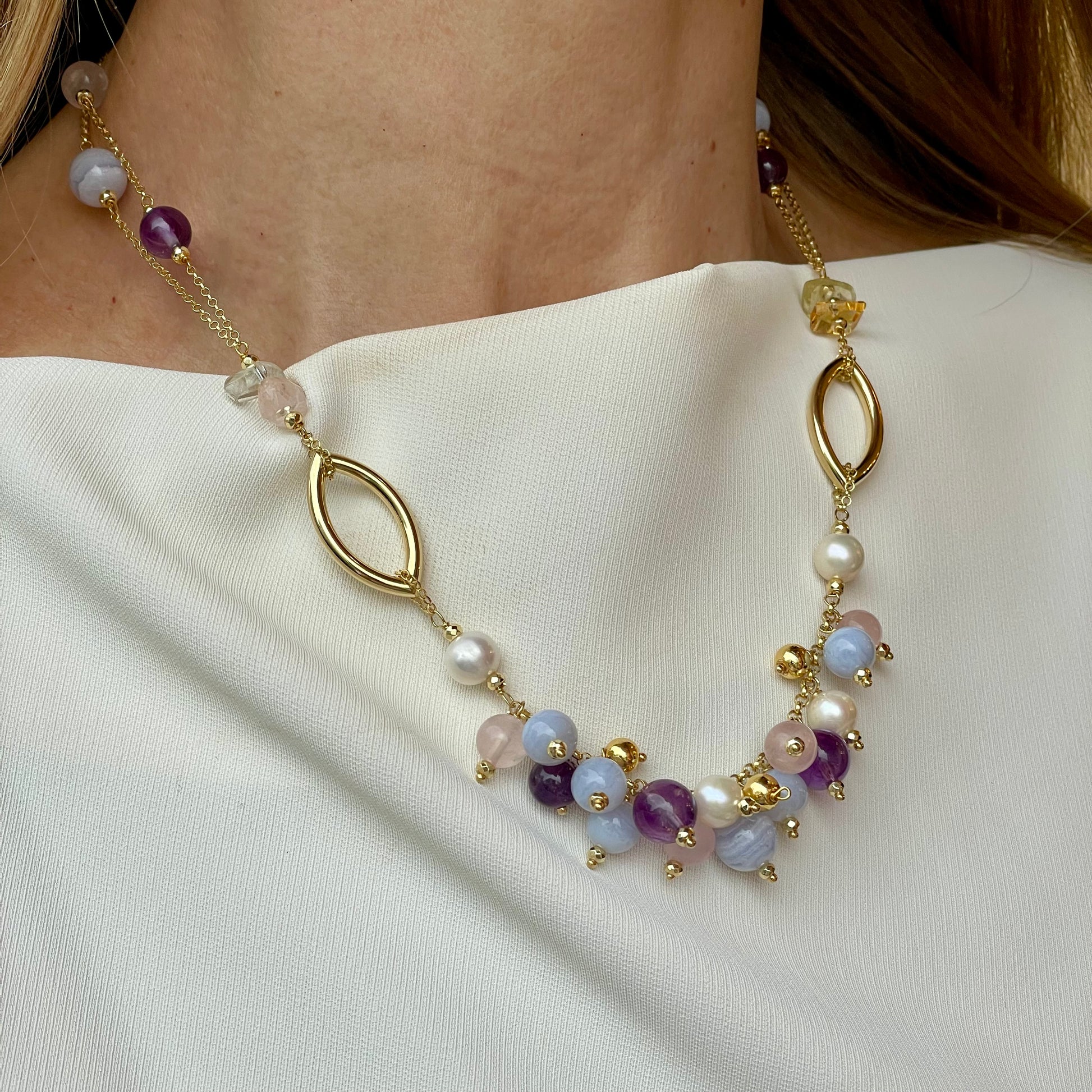 Baroque Necklace | Evia | Pearl, Amethyst & Chalcedony - John Ross Jewellers