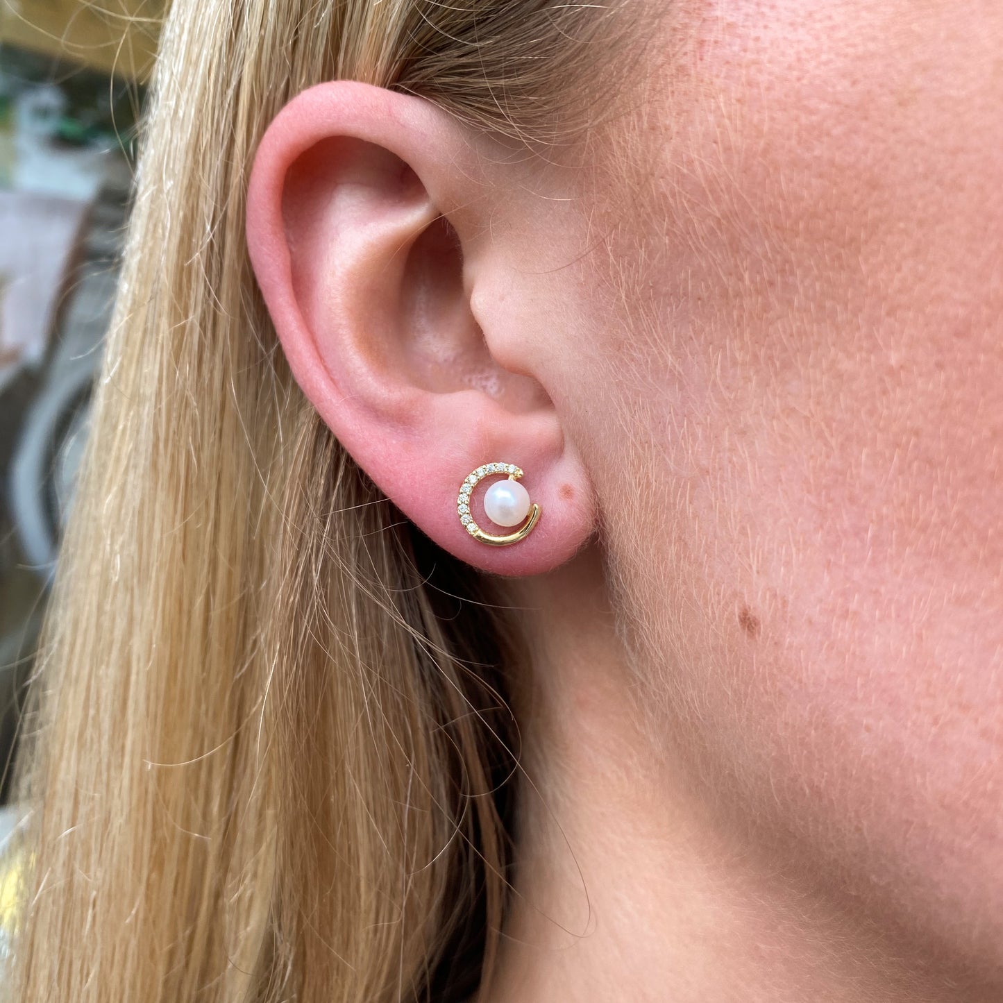 9ct Gold Freshwater Pearl & CZ Crescent Stud Earrings - John Ross Jewellers