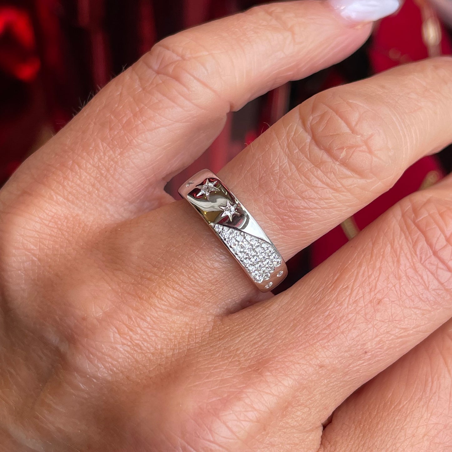 Silver Star Studded CZ Band Ring