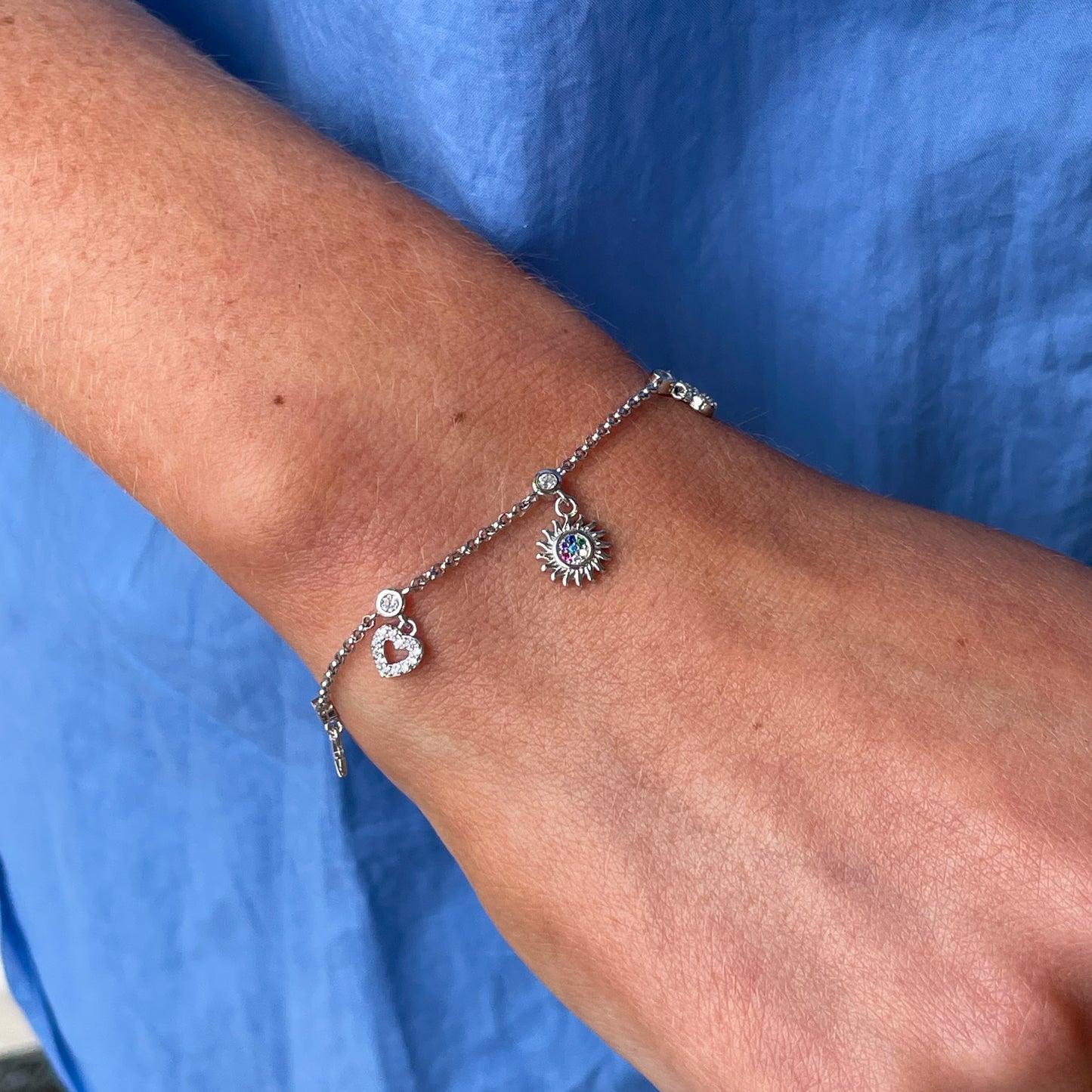 Silver CZ Charm Bracelet | Hearts & Stars