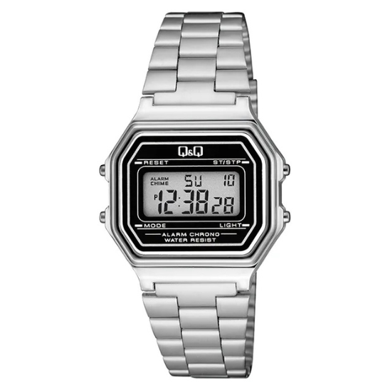 Q&Q men's silver digital watch displaying time with a black digital face and silver band.