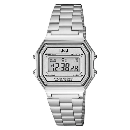Silver Q&Q Gents digital watch with a sleek display and stainless steel band, showcasing a modern men's timepiece.
