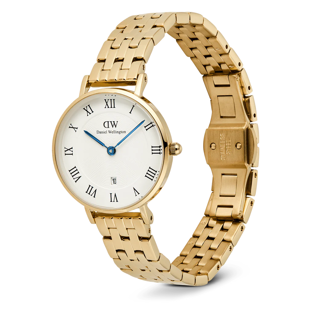 Daniel Wellington Petite Roman Numerals Date 5-link Gold | 28mm - John Ross Jewellers