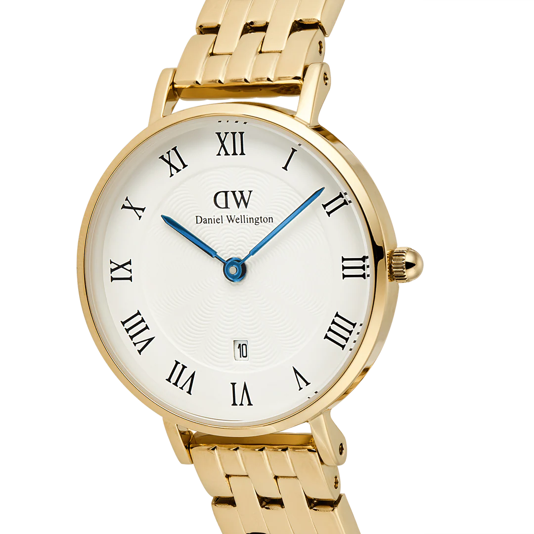 Daniel Wellington Petite Roman Numerals Date 5-link Gold | 28mm - John Ross Jewellers