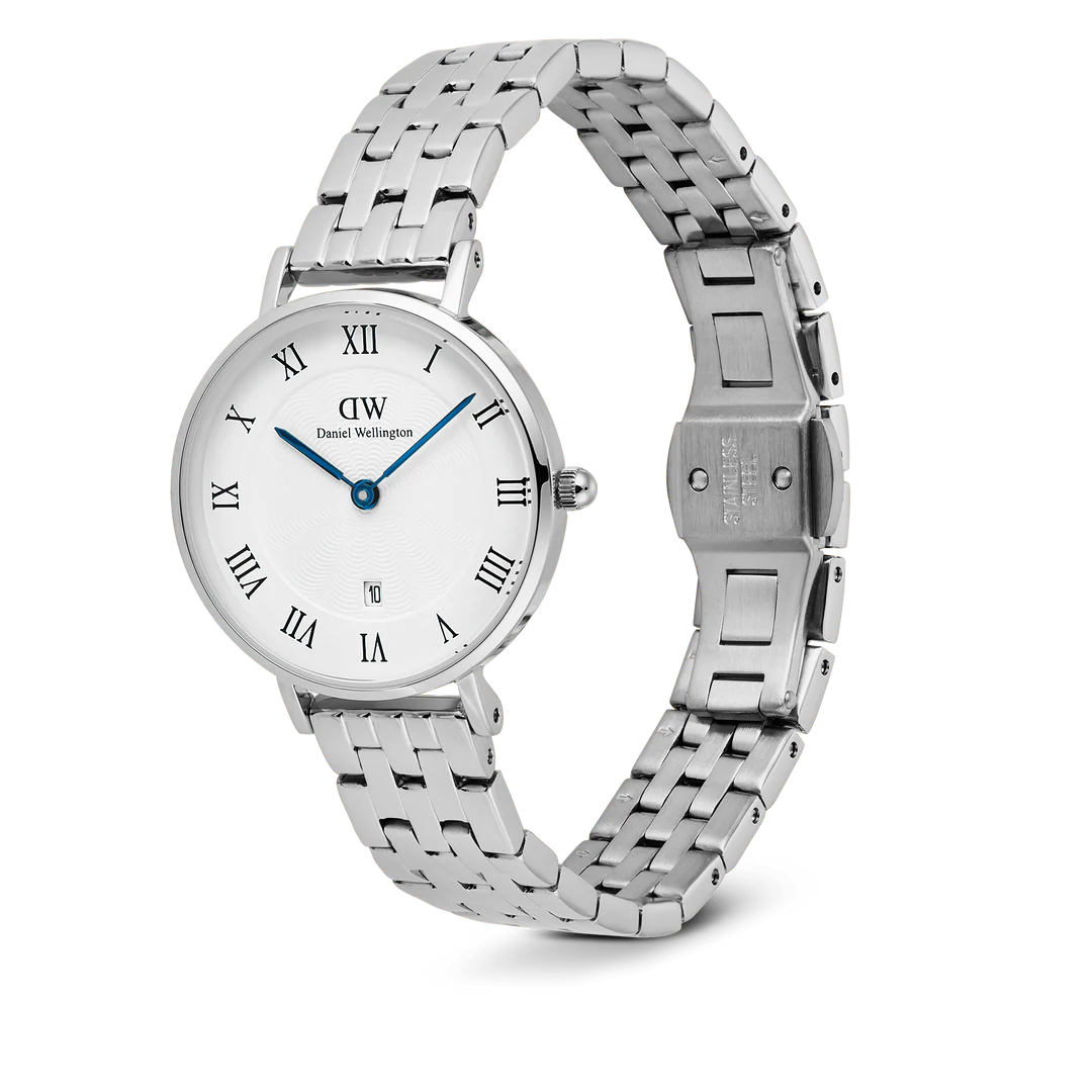 Daniel Wellington Petite Roman Numerals Date 5-link Silver | 28mm - John Ross Jewellers