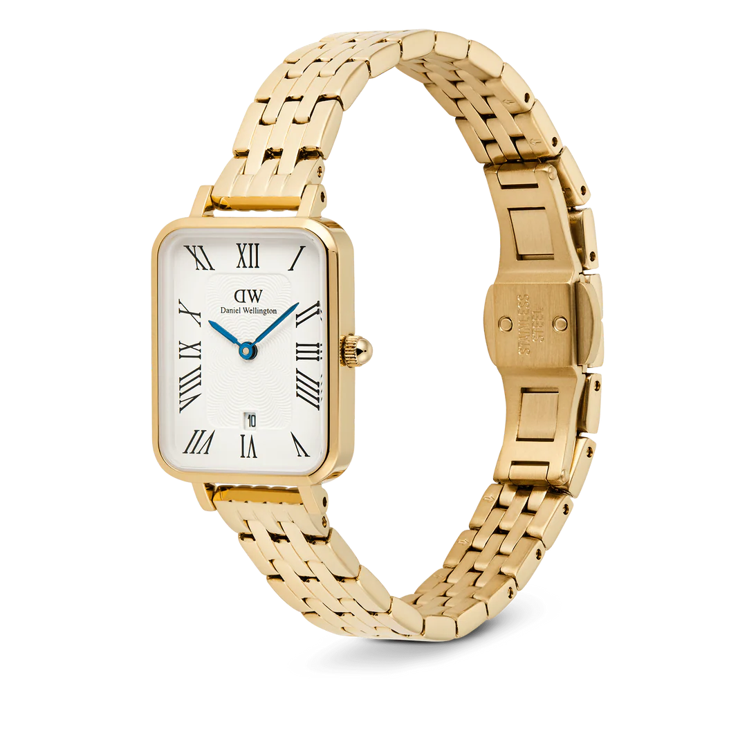 Daniel Wellington Quadro Roman Numerals Date 5-link Gold | 20x26mm - John Ross Jewellers