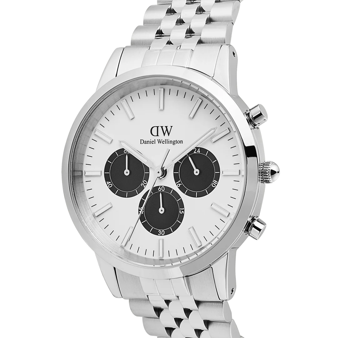 Daniel Wellington Iconic Chronograph Arch 5-Link Off-White Panda Silver | 42mm - John Ross Jewellers