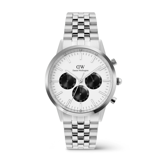 Daniel Wellington Iconic Chronograph Arch 5-Link Off-White Panda Silver | 42mm - John Ross Jewellers