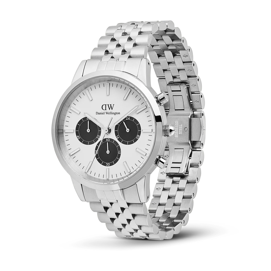 Daniel Wellington Iconic Chronograph Arch 5-Link Off-White Panda Silver | 42mm - John Ross Jewellers