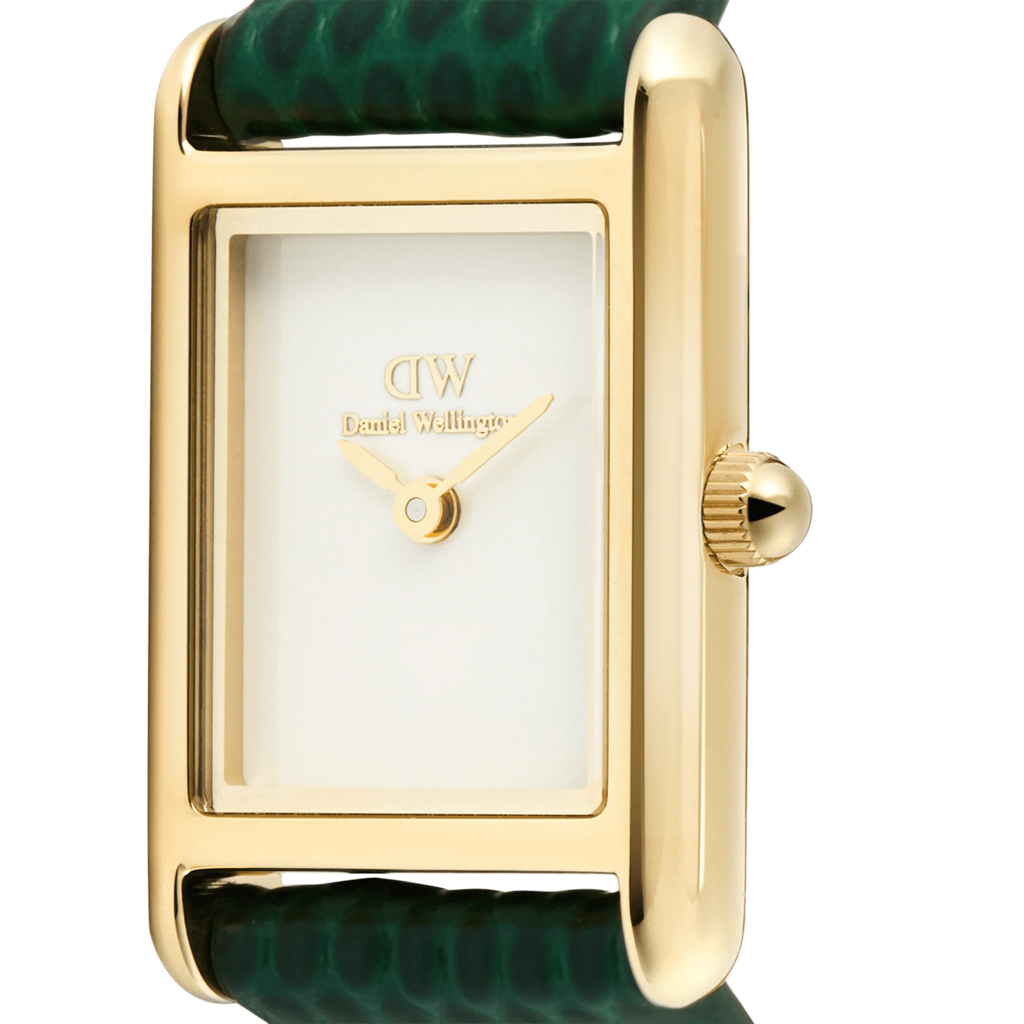 Daniel Wellington Bound Mini Green Lizard leather watch with gold case and strap details, showcasing a stylish and elegant timepiece.