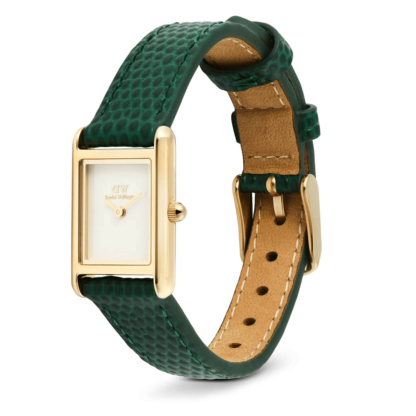 Daniel Wellington Bound Mini Green Lizard leather watch with gold case and dial, featuring a sleek, modern design and classic style.