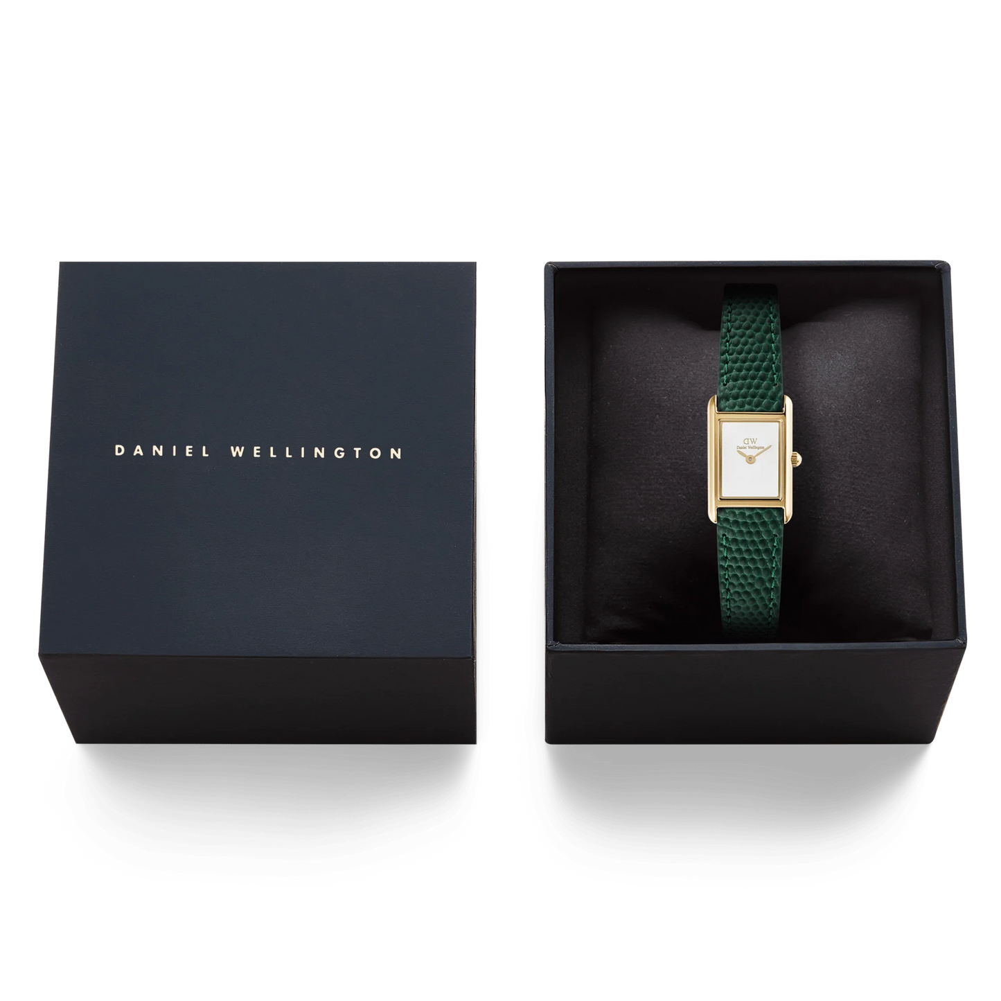 Daniel Wellington Bound Mini Green Lizard gold watch with a sleek round face and elegant lizard-patterned strap.