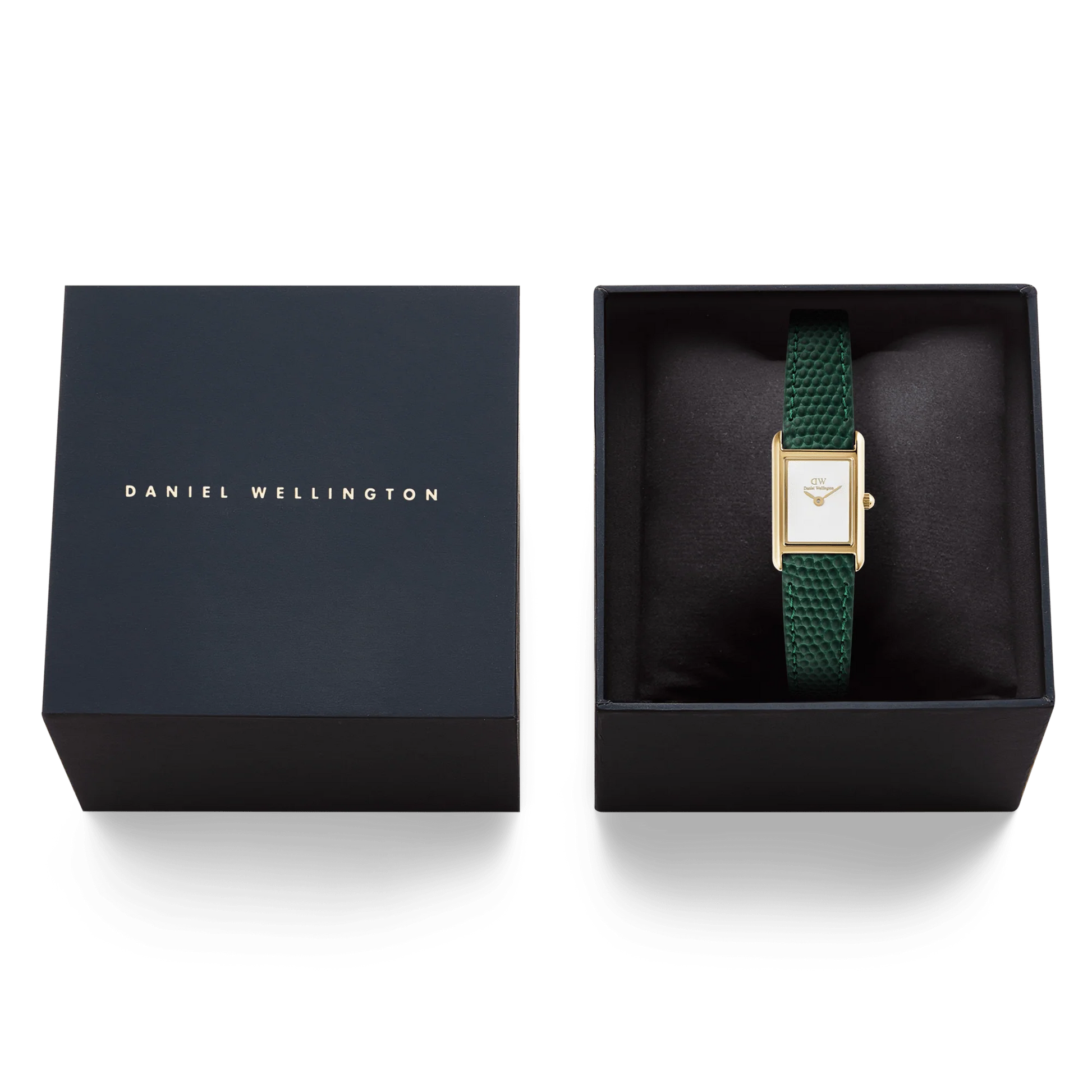 Daniel Wellington Bound Mini Green Lizard gold watch with a sleek round face and elegant lizard-patterned strap.