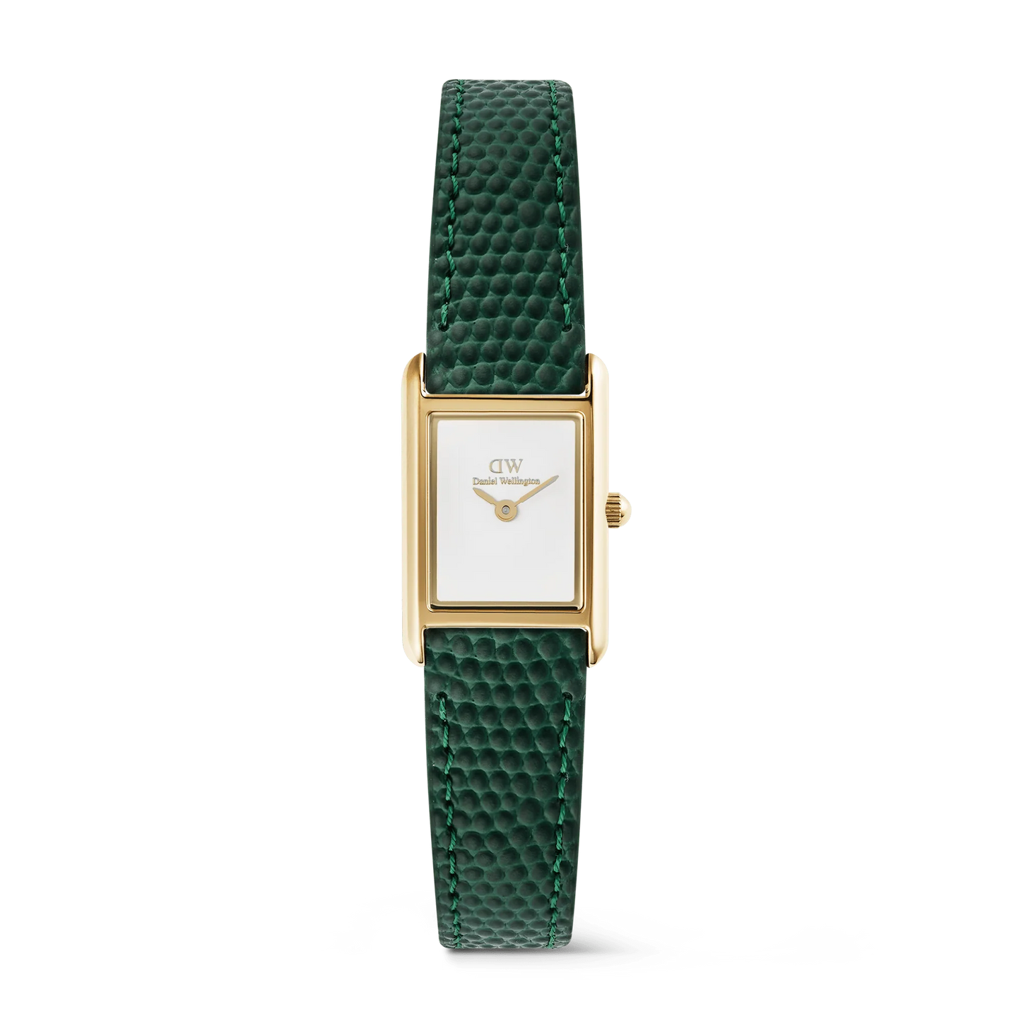 Daniel Wellington Bound Mini Green Lizard leather watch with gold case and dial, showcasing elegant design and Swiss quartz movement.