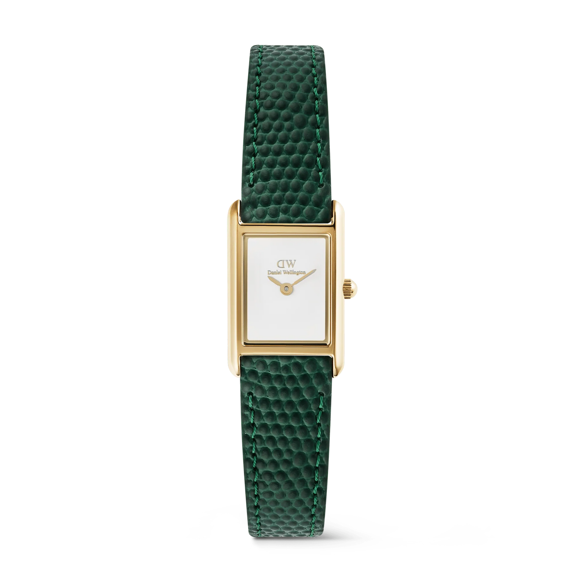 Daniel Wellington Bound Mini Green Lizard leather watch with gold case and dial, showcasing elegant design and Swiss quartz movement.