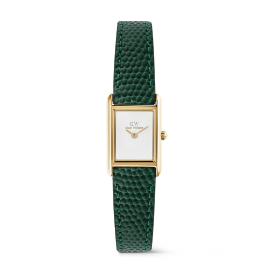 Daniel Wellington Bound Mini Green Lizard leather watch with gold case and dial, showcasing elegant design and Swiss quartz movement.