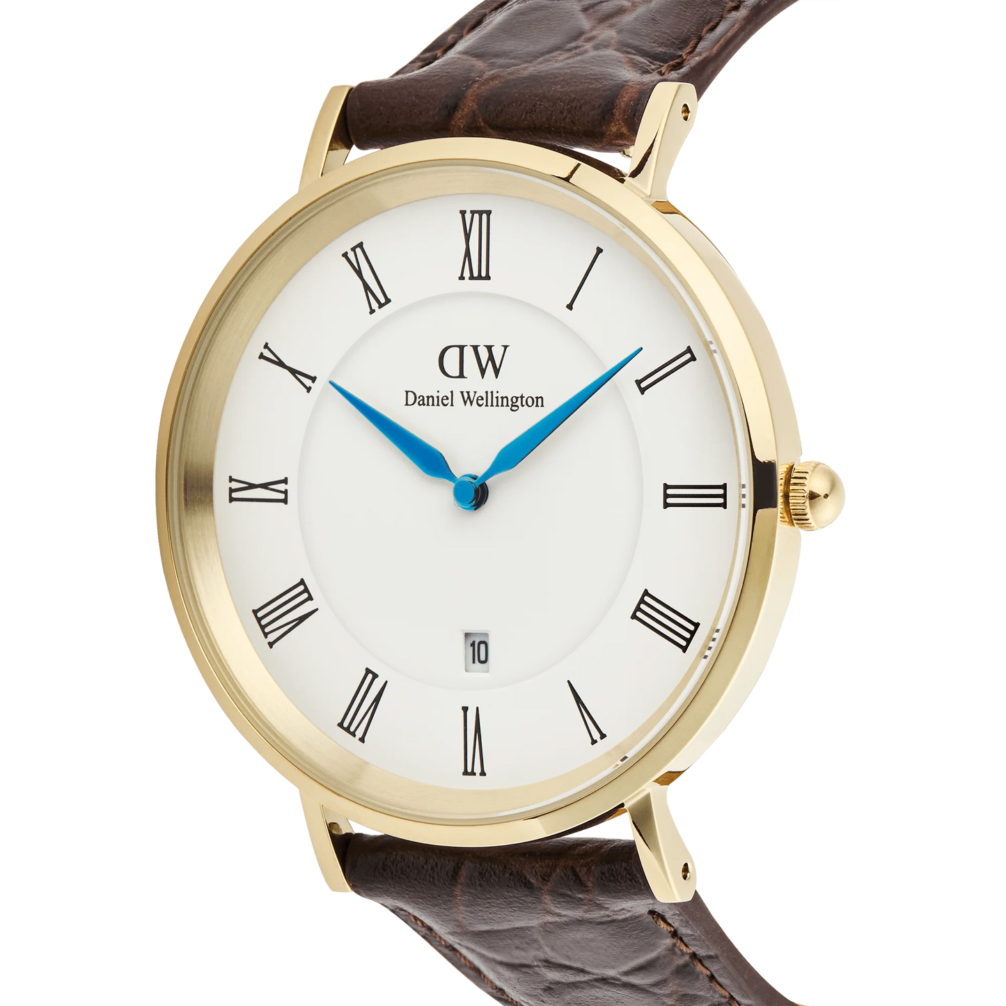 Daniel Wellington Classic Roman Numerals Date watch with dark brown crocodile leather strap and 40mm case on a white background.