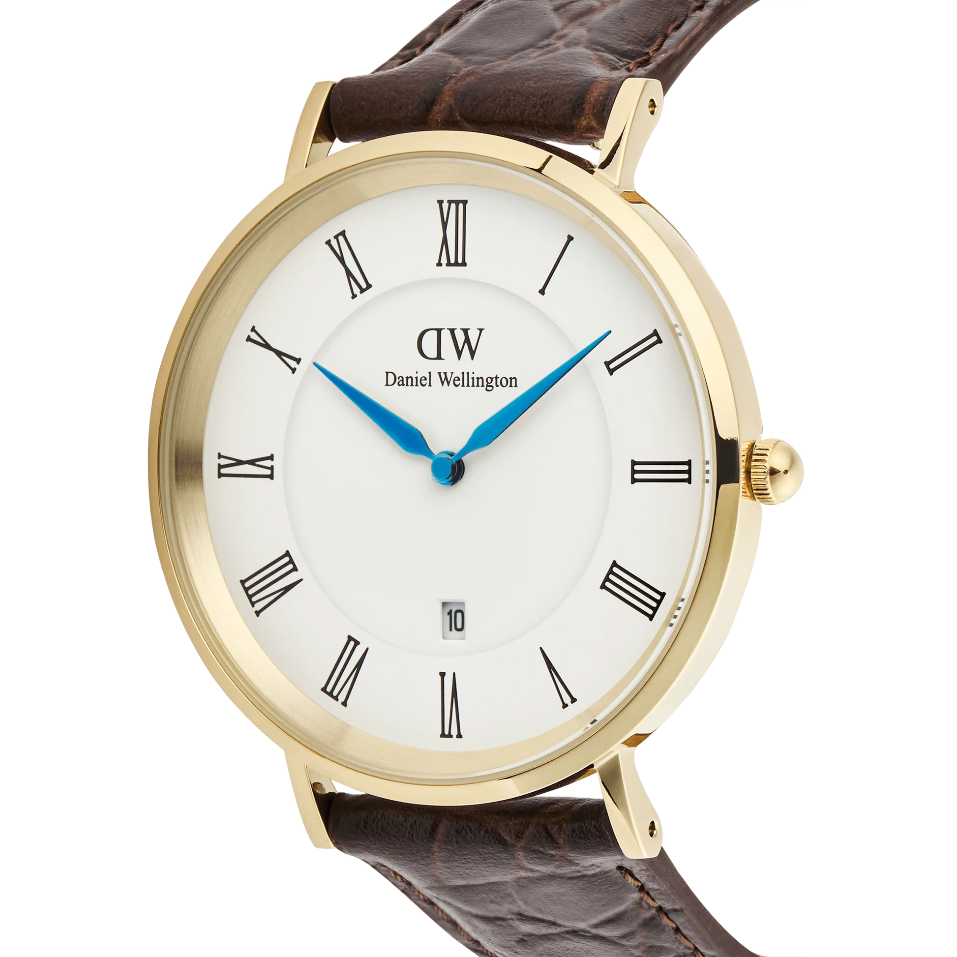 Daniel Wellington Classic Roman Numerals Date watch with dark brown crocodile leather strap and 40mm case on a white background.