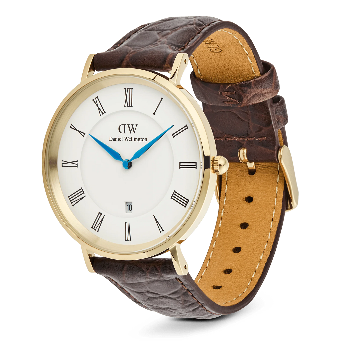 Daniel Wellington Classic Roman Numerals Date 40mm dark brown leather crocodile watch showing the watch face with Roman numerals.