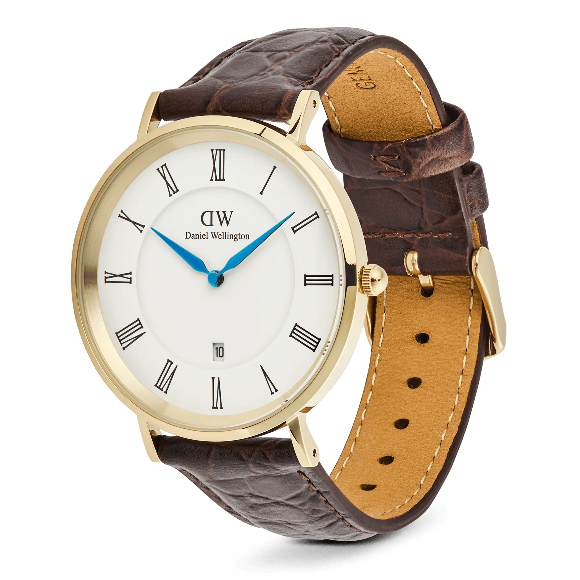 Daniel Wellington Classic Roman Numerals Date 40mm dark brown leather crocodile watch showing the watch face with Roman numerals.