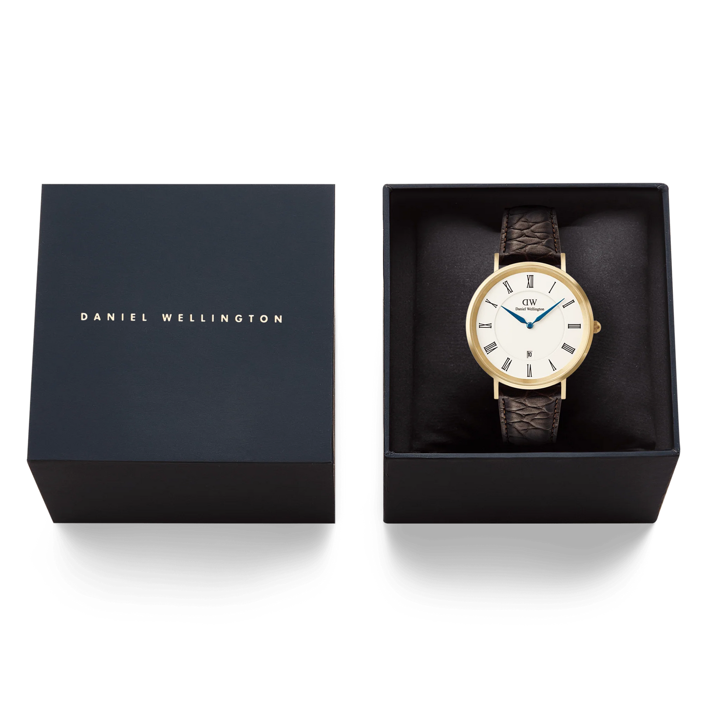 Daniel Wellington Classic Roman Numerals Date 40mm watch with dark brown crocodile leather strap and silver case.