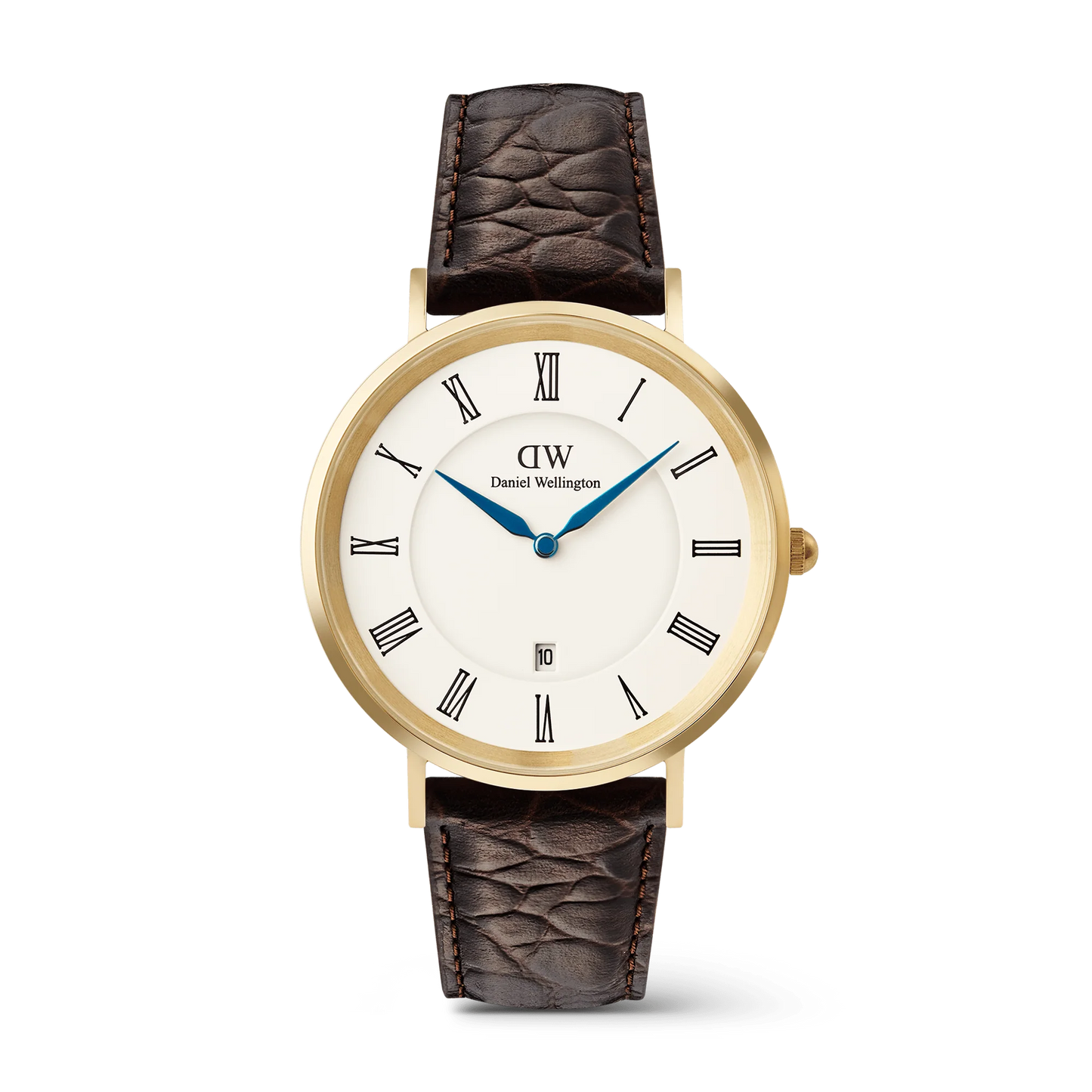 Daniel Wellington Classic Roman Numerals Date watch with dark brown crocodile leather strap and 40mm dial.