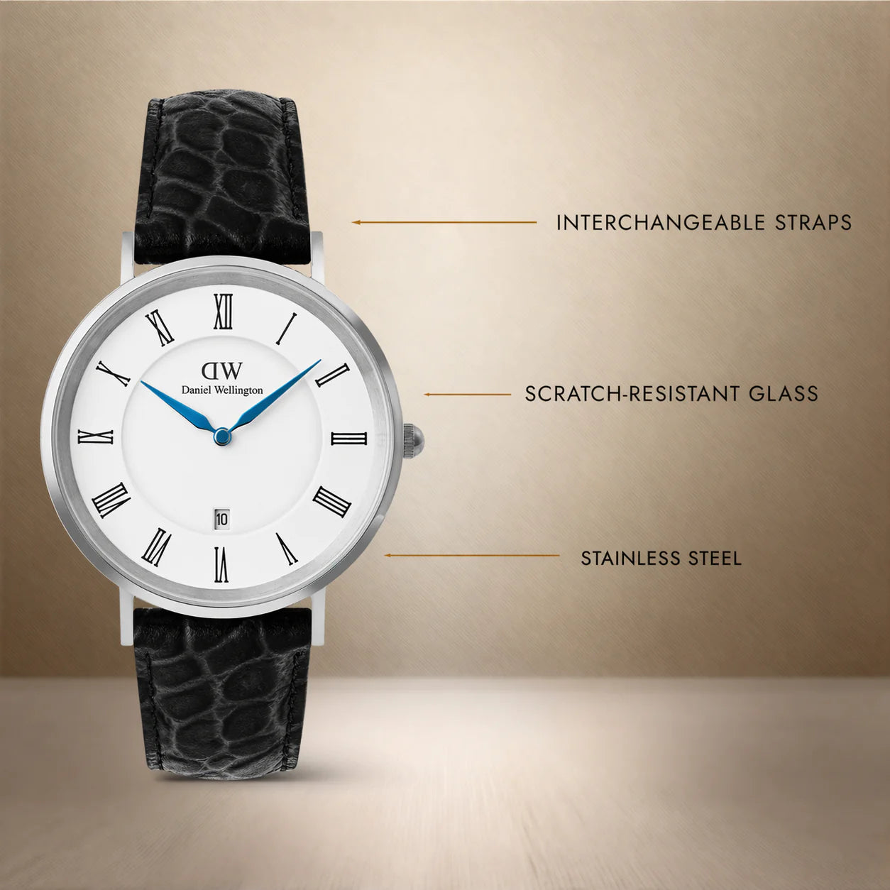 Daniel Wellington Classic Silver Roman Numerals Date watch with black crocodile strap and 40mm case, showcasing elegant design.
