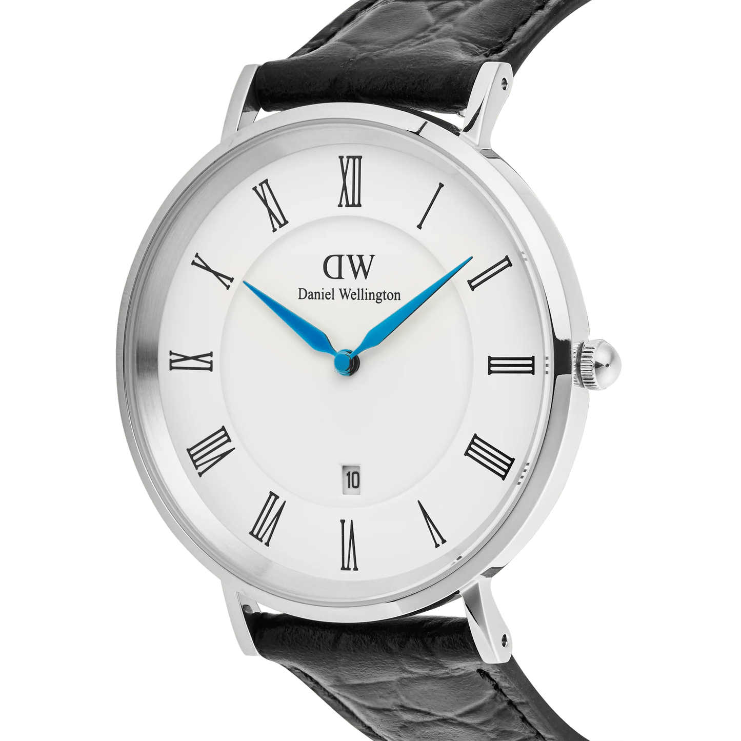 Daniel Wellington Classic Silver Roman Numerals Date Black Croc 40mm watch with silver case and black leather strap.