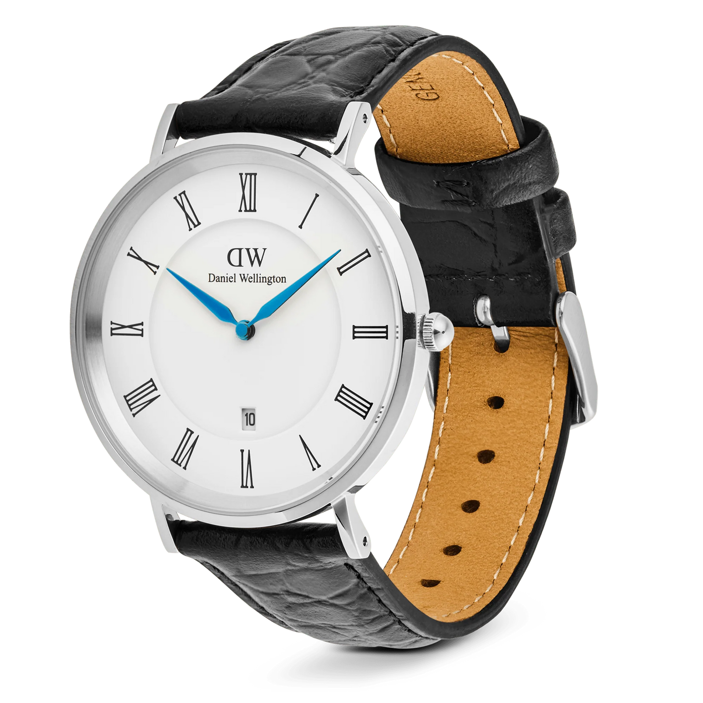 Daniel Wellington Classic Silver Roman Numerals Date 40mm watch with black crocodile leather strap and silver case.
