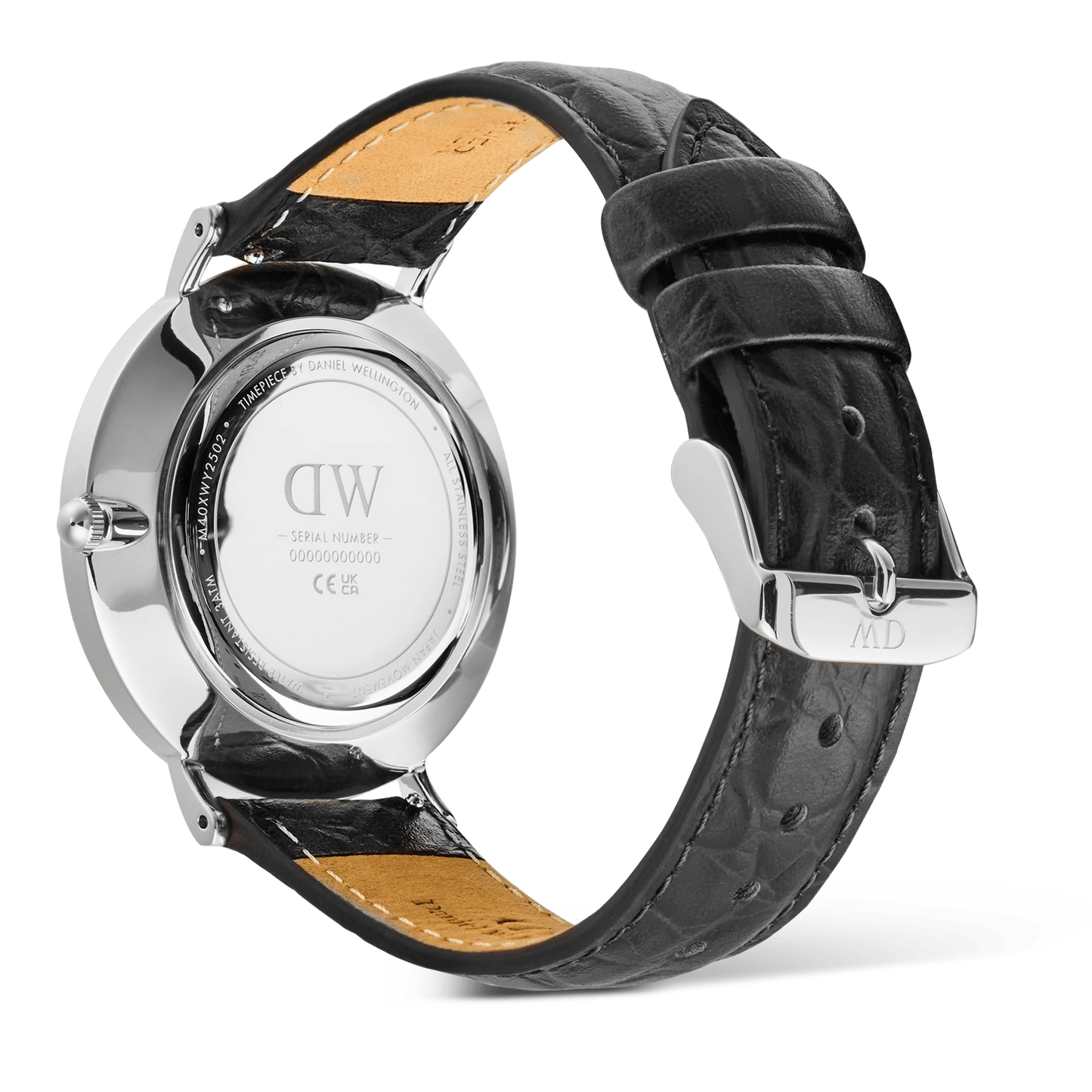Daniel Wellington Classic silver watch with Roman numerals, black leather crocodile strap, 40mm case, showing time in a detailed close-up.