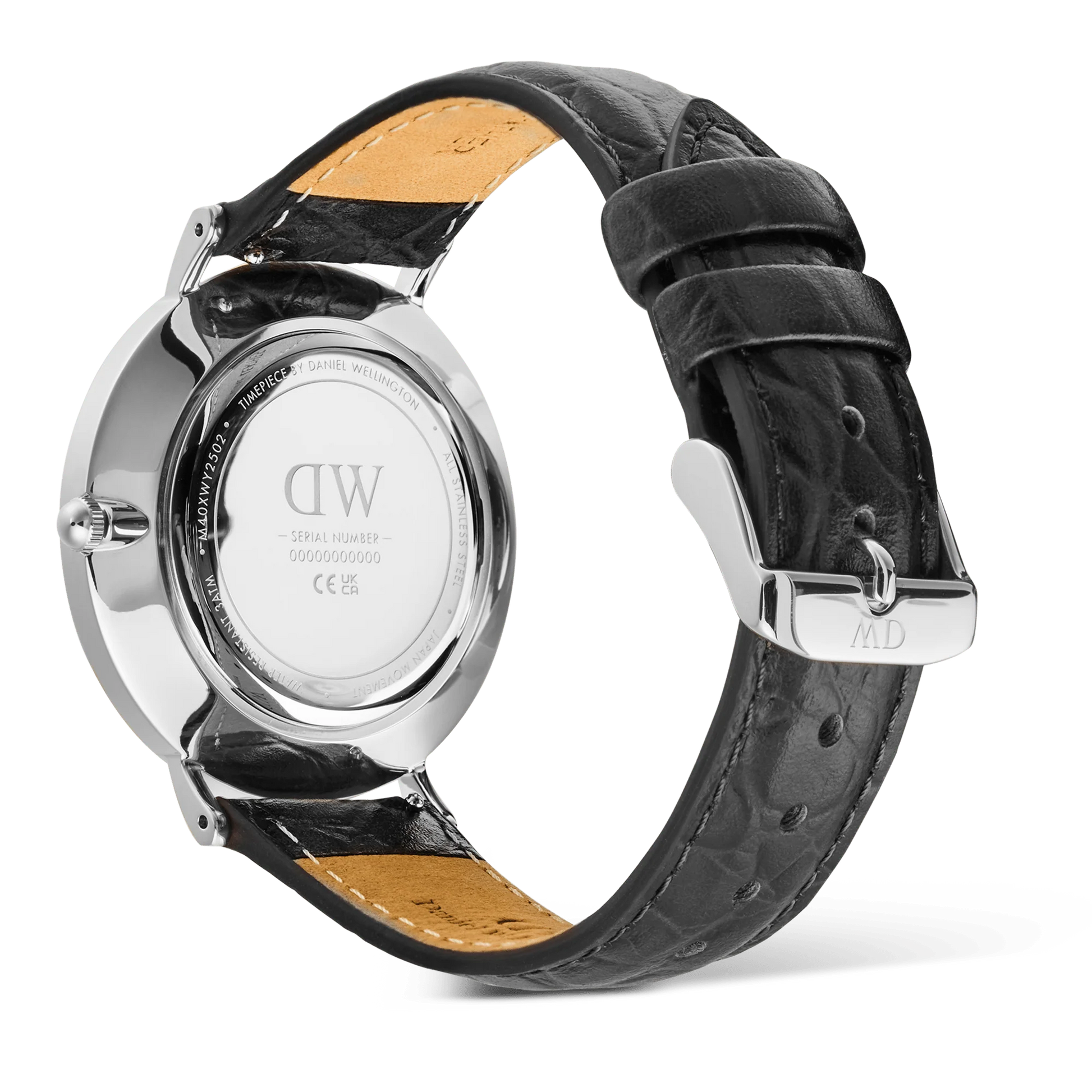 Daniel Wellington Classic silver watch with Roman numerals, black leather crocodile strap, 40mm case, showing time in a detailed close-up.