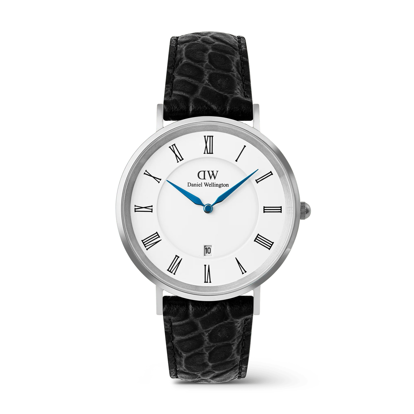Daniel Wellington Classic Silver Roman Numerals Date Black Croc watch with 40mm case, featuring a sleek black leather strap and silver dial.