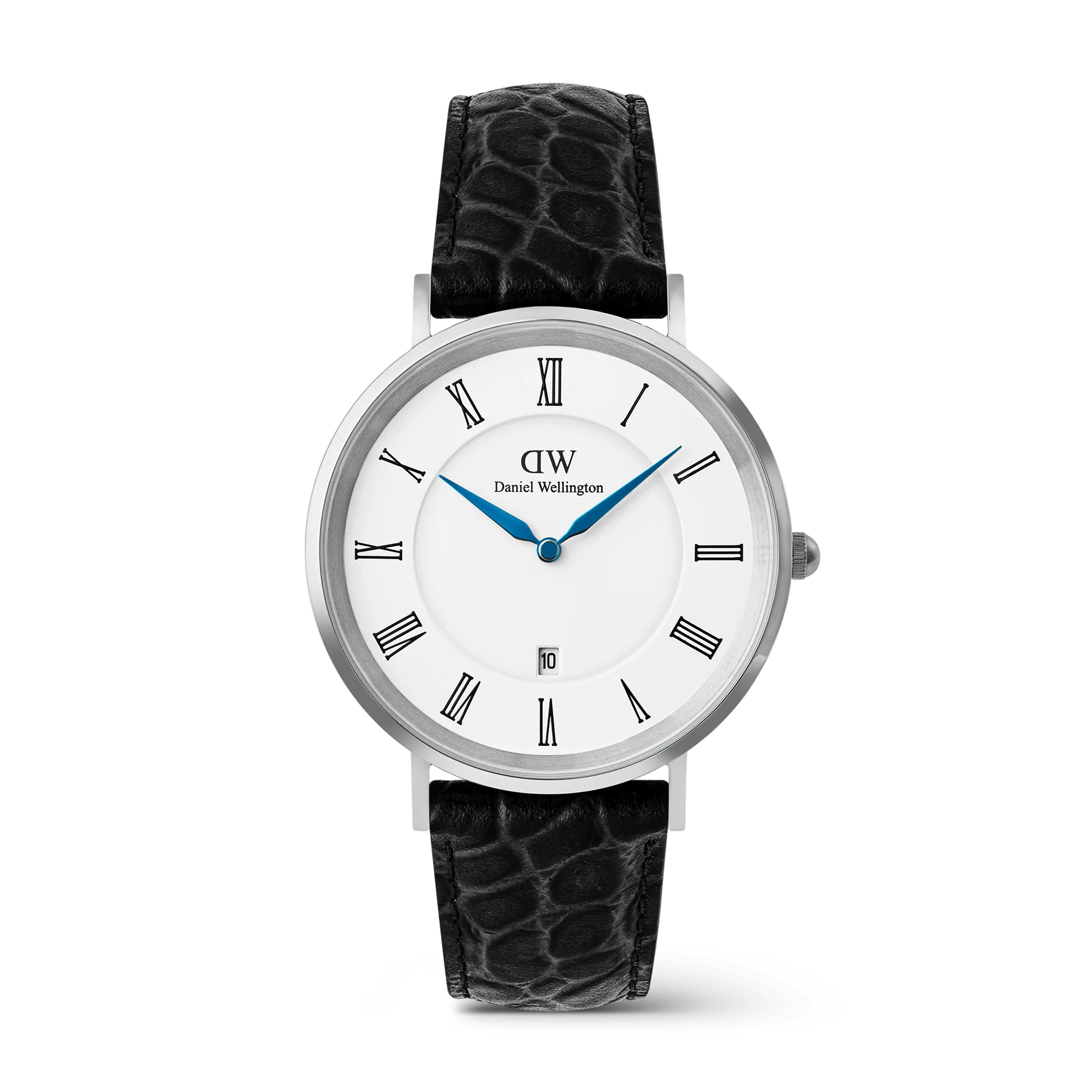 Daniel Wellington Classic Silver Roman Numerals Date Black Croc watch with 40mm case, featuring a sleek black leather strap and silver dial.