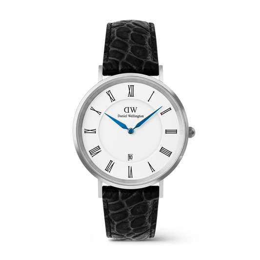 Daniel Wellington Classic Silver Roman Numerals Date Black Croc watch with 40mm case, featuring a sleek black leather strap and silver dial.