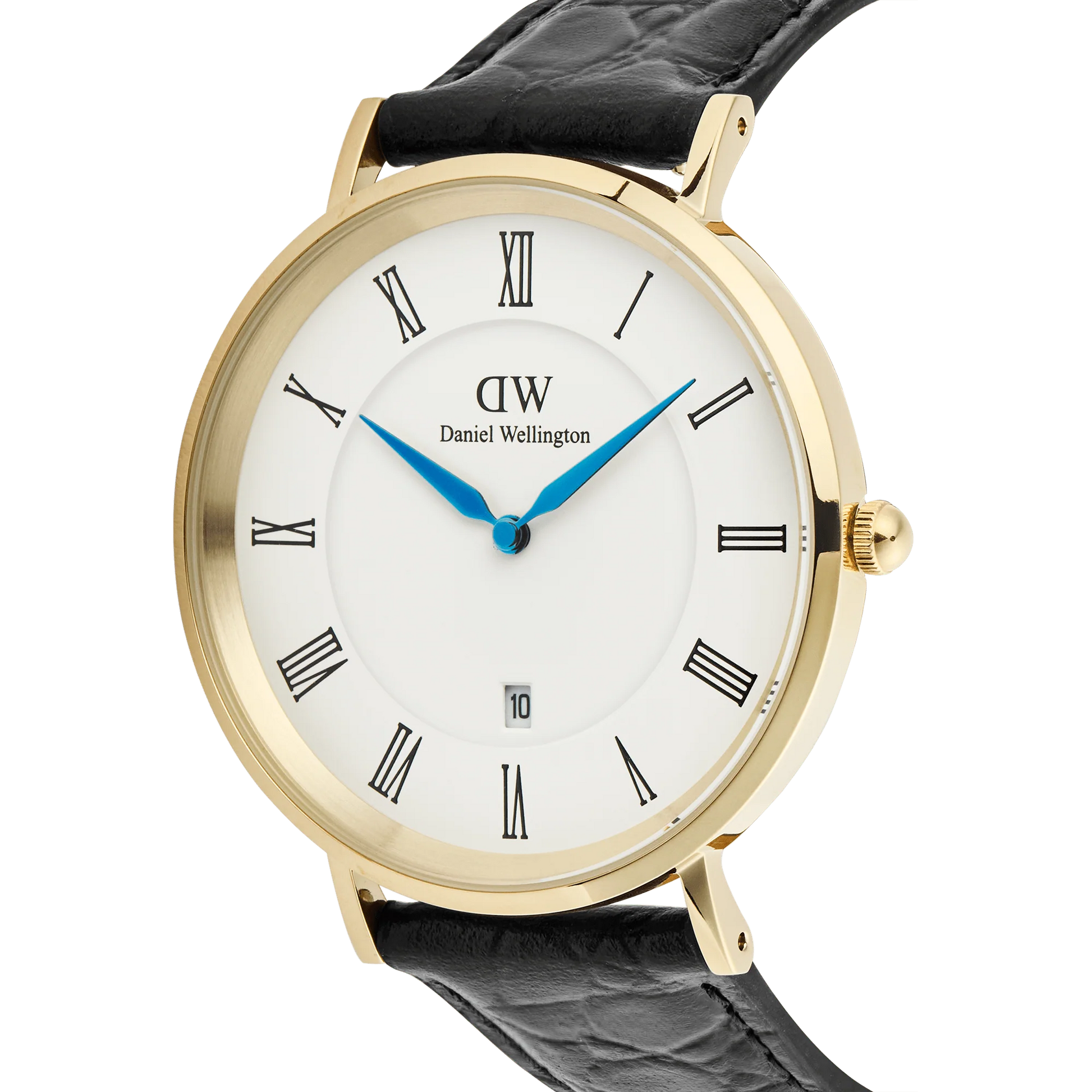 Daniel Wellington Classic Roman Numerals Date black leather watch with 40mm case and crocodile pattern strap showing watch face and leather band.
