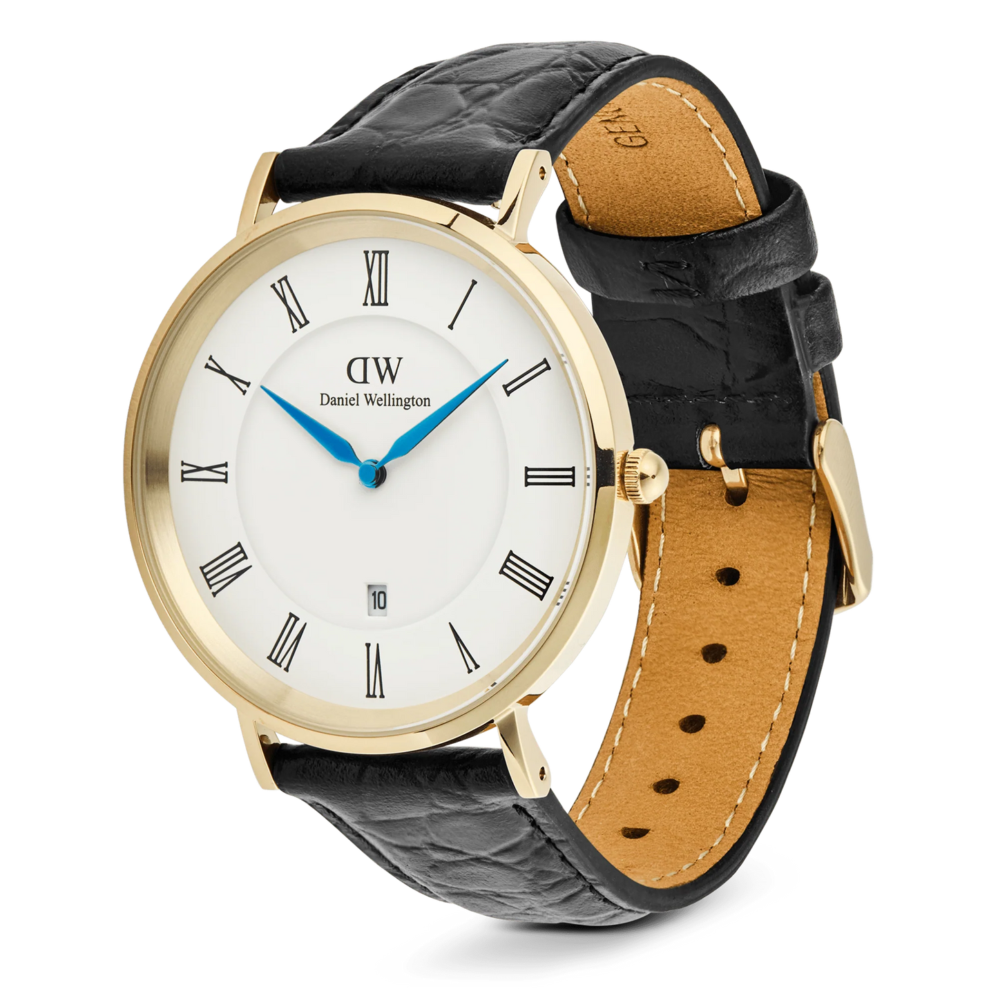 Daniel Wellington Classic Roman Numerals Date black leather strap watch, 40mm size, with a sleek black dial and silver case.