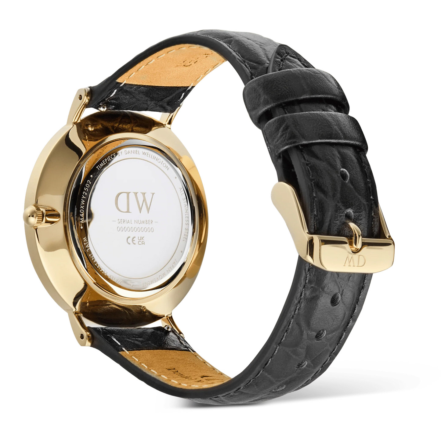 Daniel Wellington Classic Roman Numerals Date Black Croc 40mm watch with black dial and leather strap.