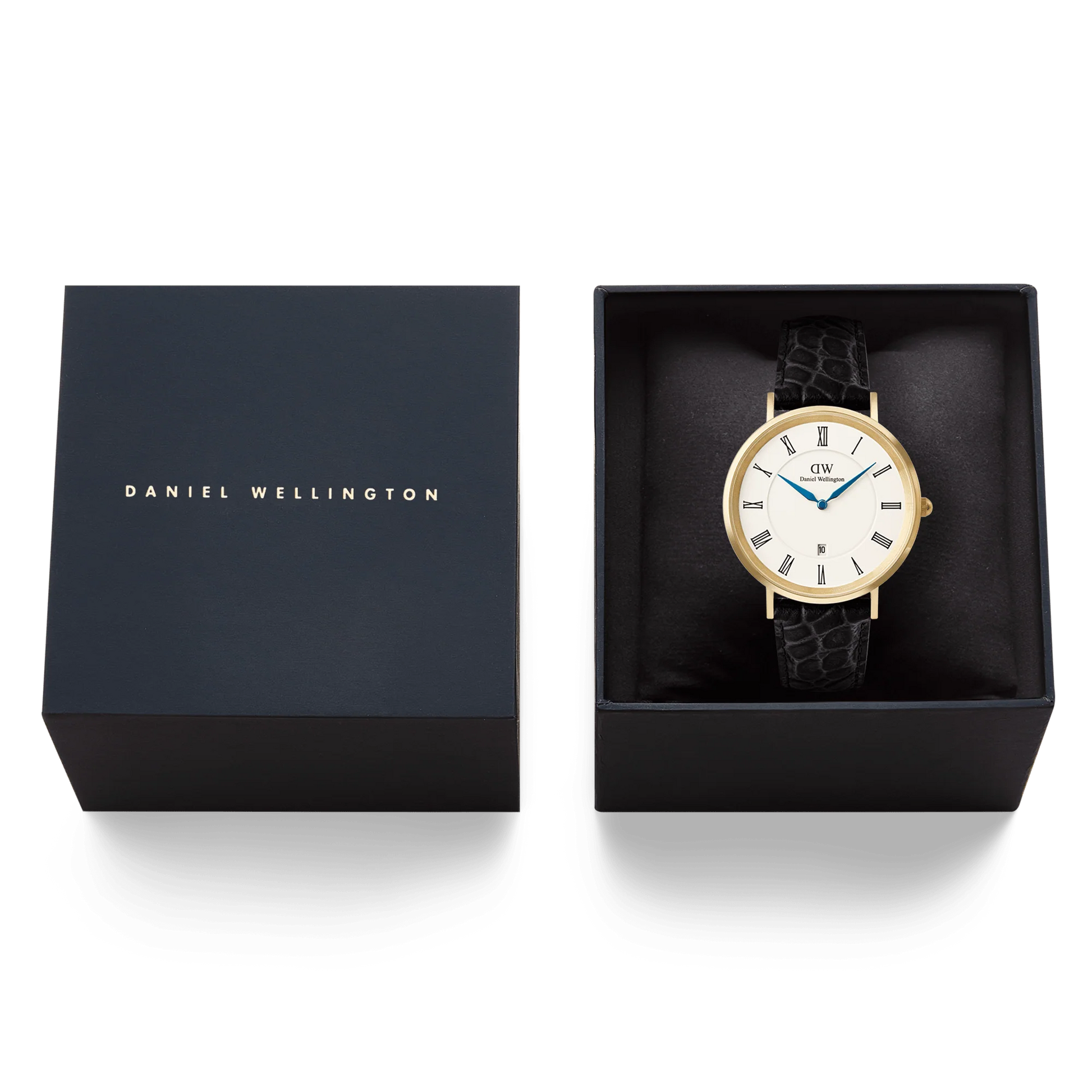 Daniel Wellington Classic Roman Numerals Date Black Croc 40mm watch with black dial and leather strap.