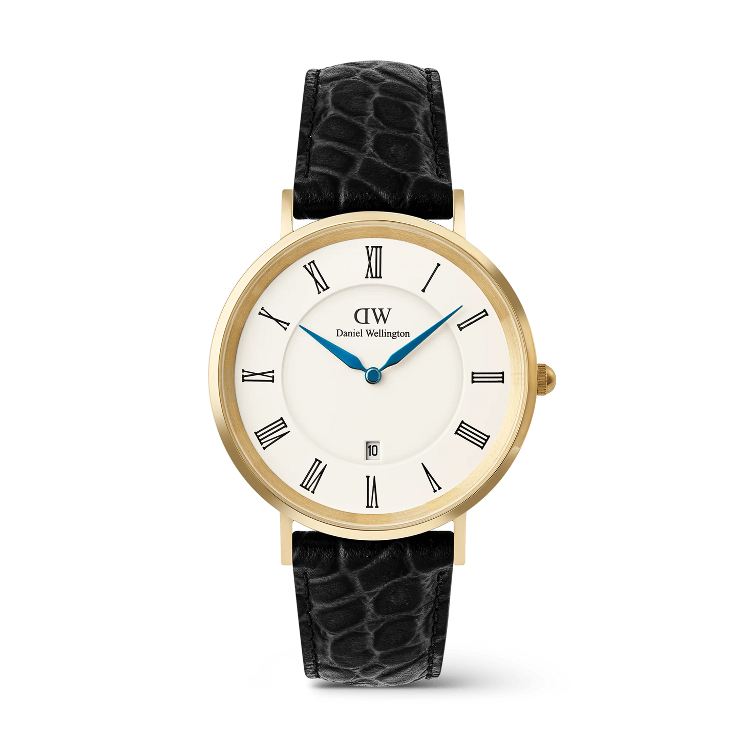 Daniel Wellington Classic Roman Numerals Date Black Croc 40mm watch with black leather strap and silver case, displaying Roman numeral dial.
