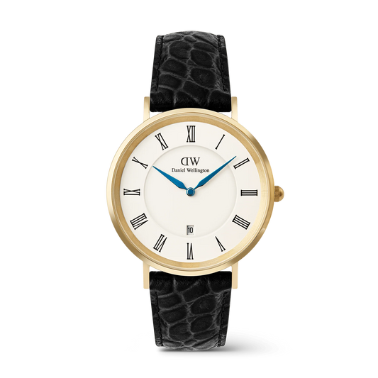 Daniel Wellington Classic Roman Numerals Date Black Croc 40mm watch with black leather strap and silver case, displaying Roman numeral dial.