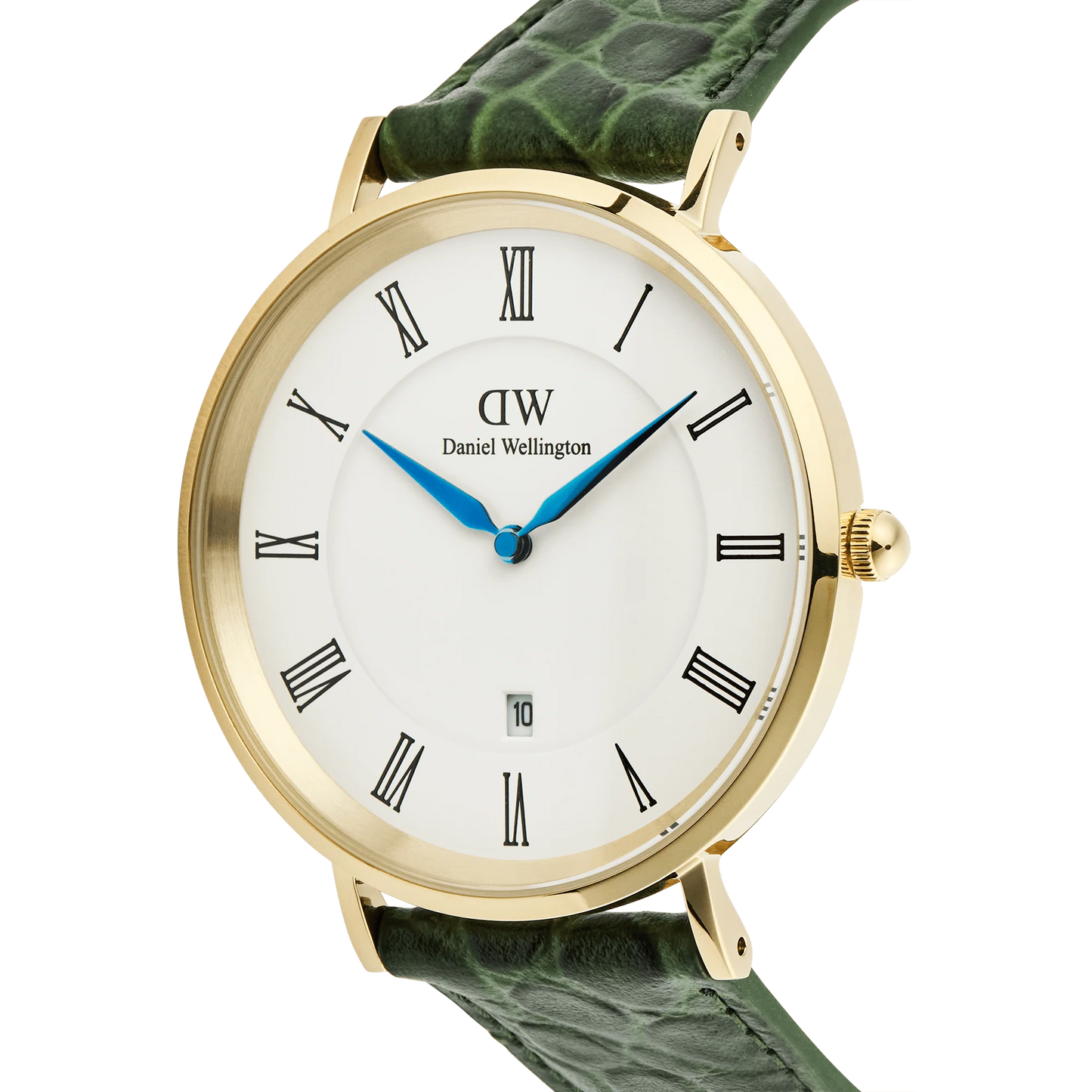 Daniel Wellington Classic Roman Numerals Date Green Croc 40mm watch with green leather strap and silver case.
