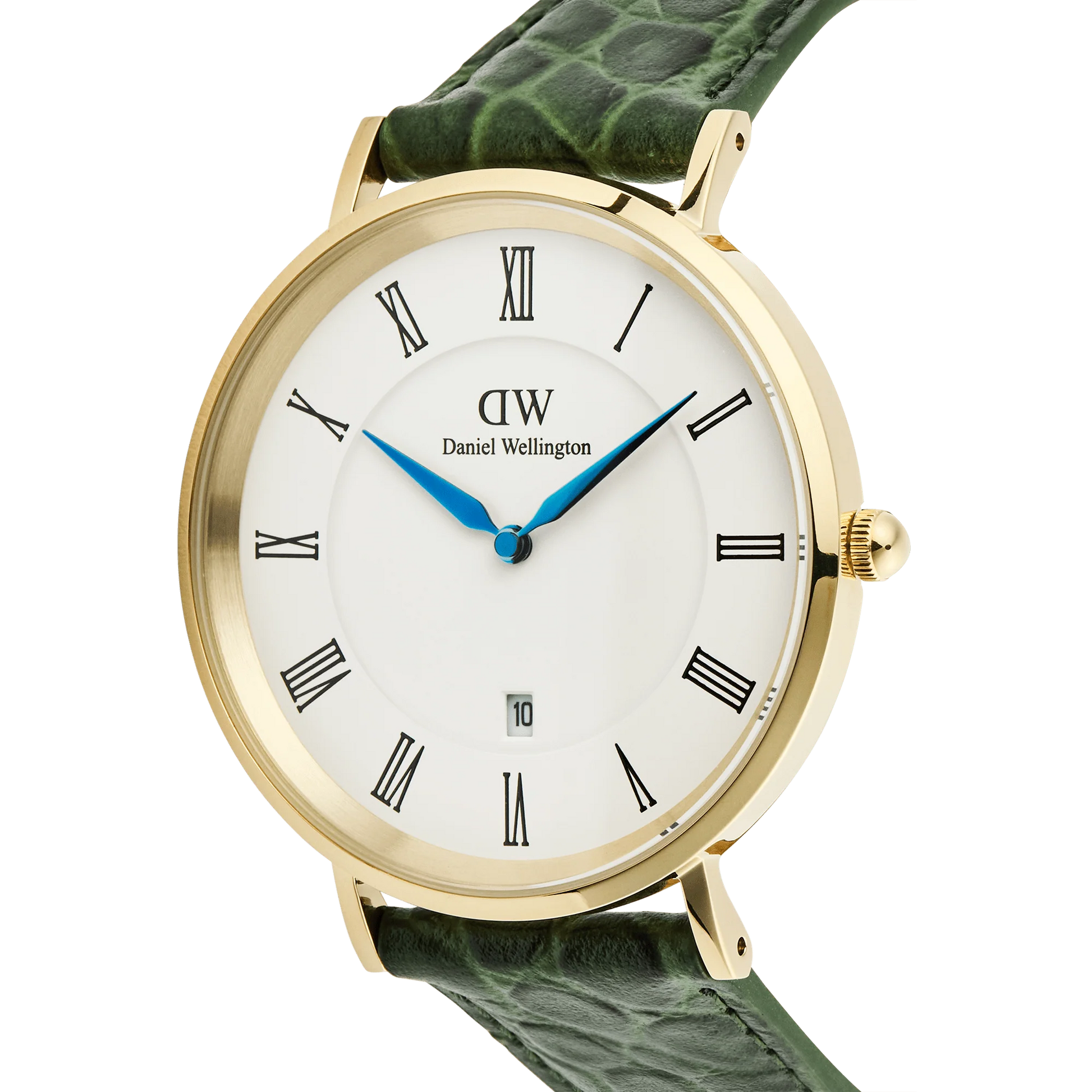 Daniel Wellington Classic Roman Numerals Date Green Croc 40mm watch with green leather strap and silver case.