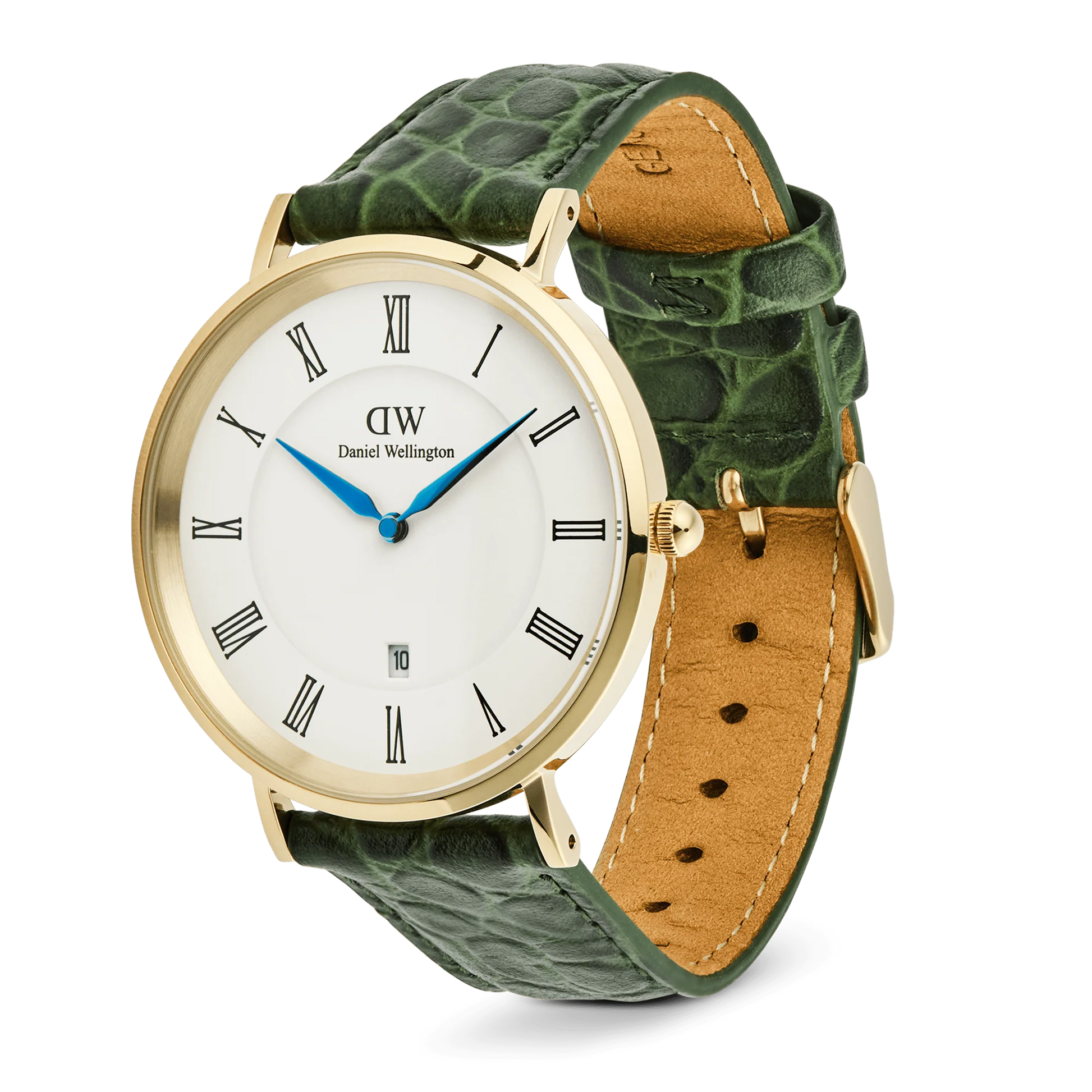 Daniel Wellington Classic Roman Numerals Date Green Croc 40mm watch with green leather strap and silver case, stylish and elegant timepiece.