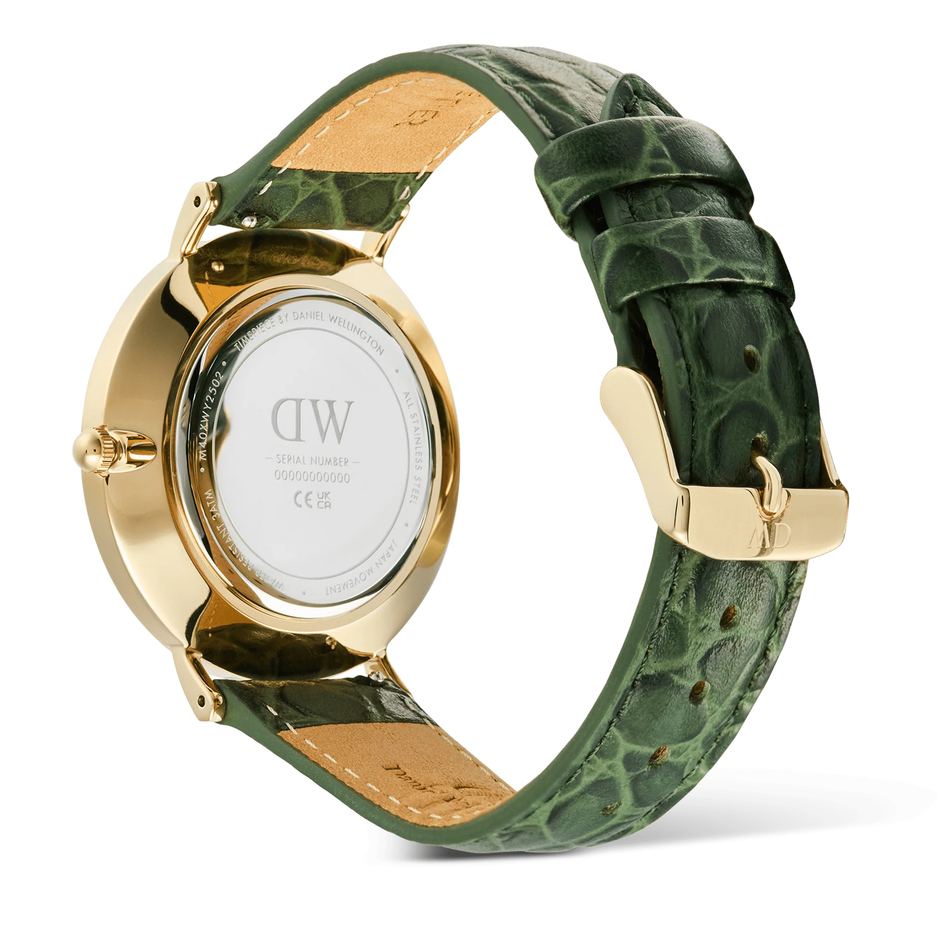 Daniel Wellington Classic Roman Numerals Date Green Croc 40mm watch with green leather strap and silver case, showing time and date.