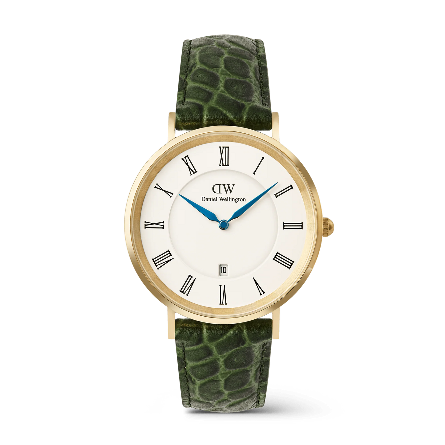 Daniel Wellington Classic Roman Numerals Date Green Croc 40mm watch with green leather strap and silver case, stylish and elegant timepiece.