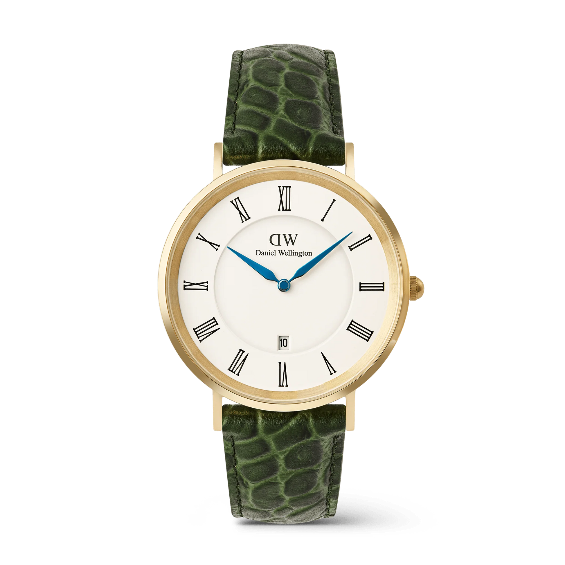 Daniel Wellington Classic Roman Numerals Date Green Croc 40mm watch with green leather strap and silver case, stylish and elegant timepiece.